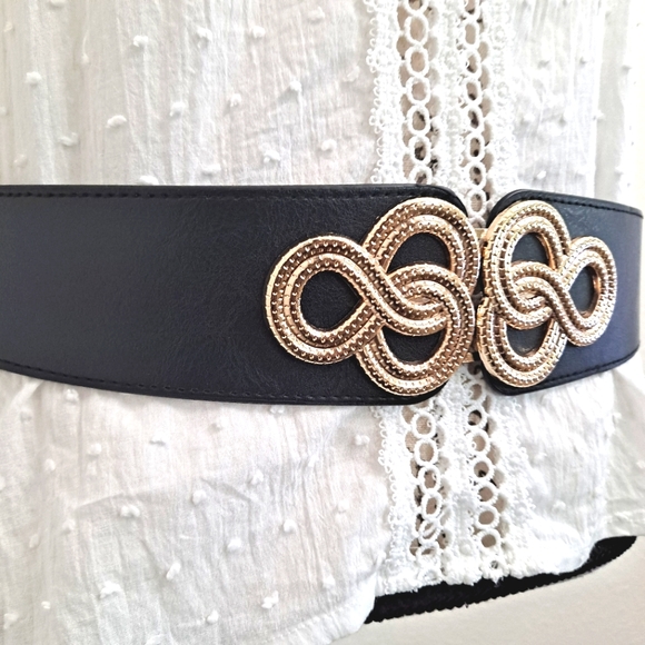 Black corset belt boho elastic wide Faux leather gold spirals waist plus size - Picture 15 of 16